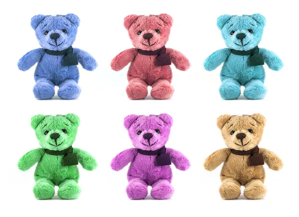 Set van zes kleur teddybeer met sjaal op witte achtergrond — Stockfoto