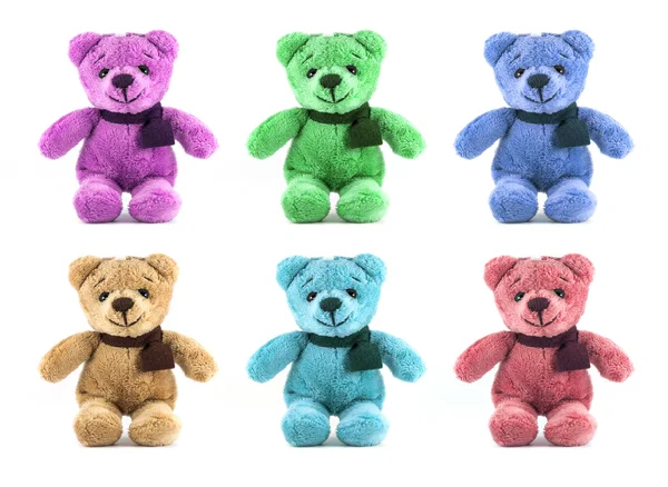 Set von sechs Farben Teddybär mit Schal auf weißem Hintergrund — Stockfoto