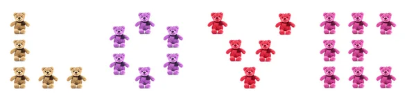 TEDDY BEAR cuatro colores con carácter LOVE sobre fondo blanco — Foto de Stock