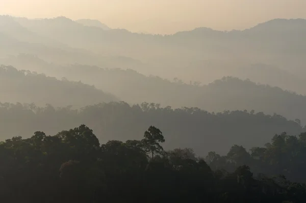 Montaña con niebla paisaje en la mañana en panerntung con gusano w — Foto de Stock