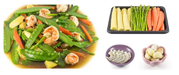 Koláž z restované mix zeleninu s krevetami — Stock fotografie
