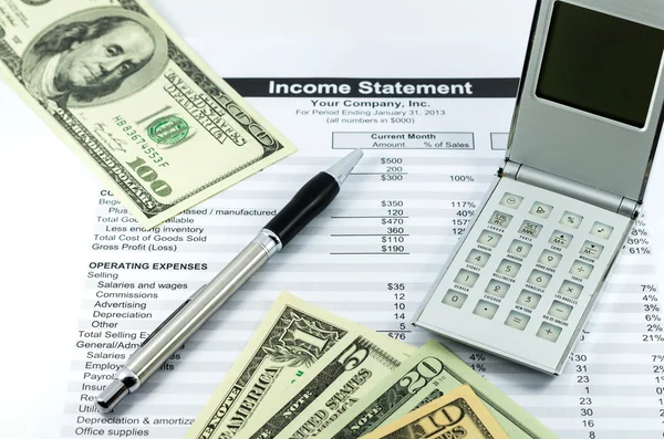 Income statement report with calculator, pen and usd money for b — Stock Photo, Image