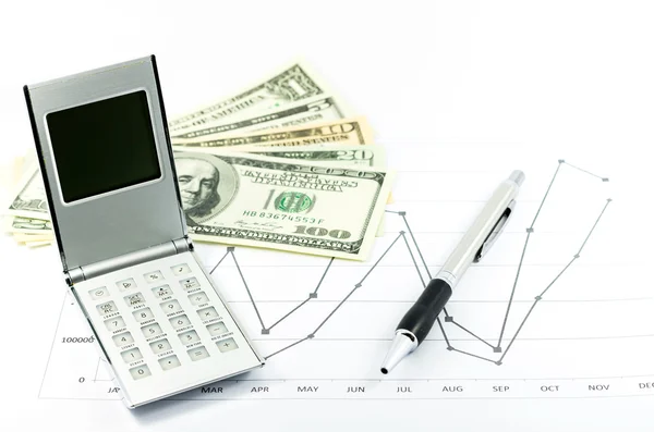 Relatório gráfico de ações com calculadora, caneta e usd dinheiro para busine — Fotografia de Stock