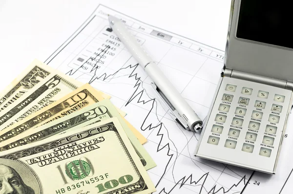 Stock graph report with calculator, pen and usd money for busine — Stock Photo, Image