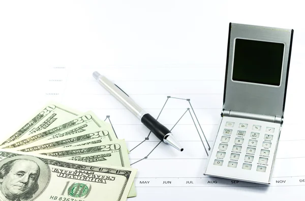Busine のための電卓、ペンおよび米ドルのお金と株式グラフ レポート — ストック写真