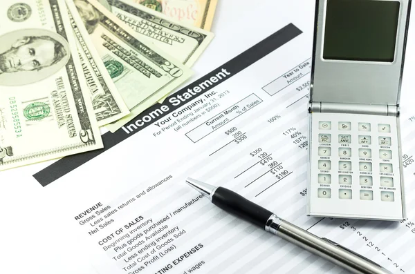 Income statement report with calculator, pen and usd money for b — Stock Photo, Image