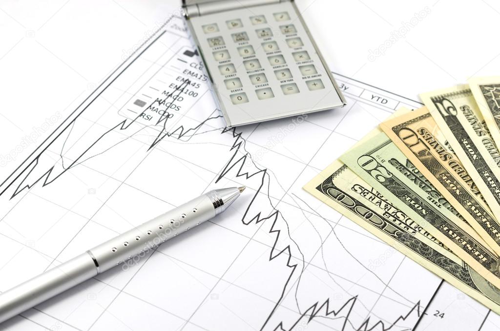 Stock graph report with calculator, pen and usd money for busine