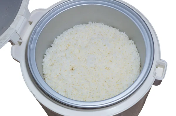 Strom Reis in elektrischen Reiskocher auf weißem Hintergrund, isolieren — Stockfoto