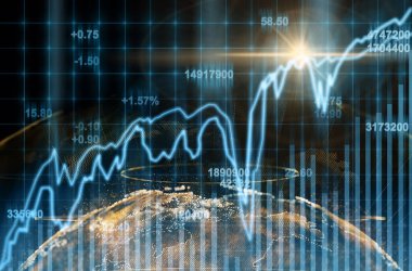 Borsa grafiği üzerinde soyut dünya parçacığı, LED ekran, iş ve teknoloji ticareti konsepti üzerinde borsa takas verileri