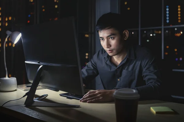 Asian Businessman Working Hard Late Technology Computer Office Customer Service — Stock Photo, Image