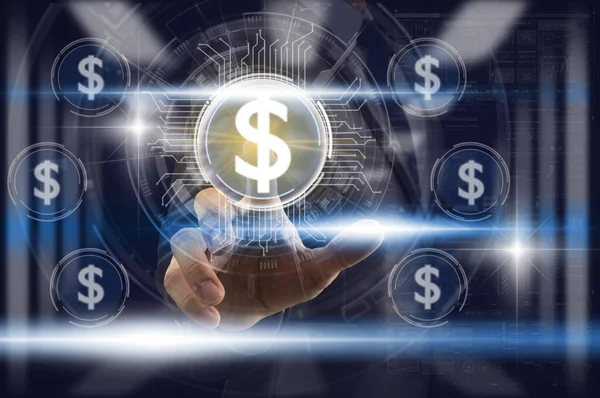 Businessman Finger Touching Bitcoin Icon Light Blurred Server Room Background — Stock Photo, Image