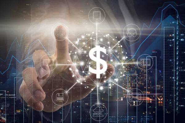 Hand Businessman Touching Global Network Dollar Currency Text Financial Technology — Stock Photo, Image