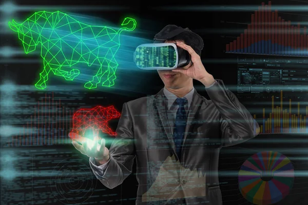 Asiático Empresario Utilizando Realidad Virtual Acristalado Mano Celebración Bull Oso —  Fotos de Stock