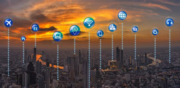 Internet Thing Iot Various Icon Fantastic Scene Panorama Bangkok Cityscape — Foto de Stock