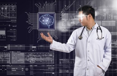 Asyalı doktor yapay zeka beyin teknoloji yenilik dijital ekran arka plan, AI ve teknoloji hekim kavram üzerinde tutarak stetoskop ekipman el ile