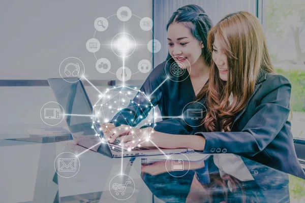 Two Asian Young Businesswoman Sitting Using Technology Laptop Online Shopping — Stock Photo, Image