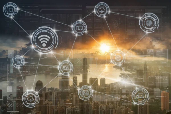 Technologie Digitaal Virtueel Scherm Draadloze Communicatie Verbinding Antenne Uitzicht Van — Stockfoto