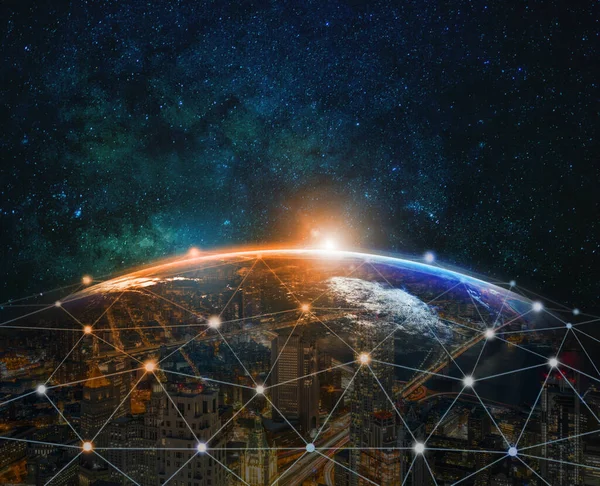 Technologie Digitaal Met Netwerkverbinding Een Deel Van Aarde Met Zonsopgang — Stockfoto