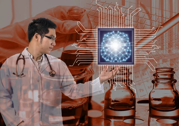 Asian Doctor Stethoscope Equipment Hand Holding Artificial Intelligence Brain Technology — Stock Photo, Image