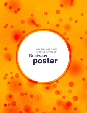 Işınlar, kabarcıklar ve ortasında bir düğme olan turuncu-kırmızı poster. Tasarım düzeni şablonu.