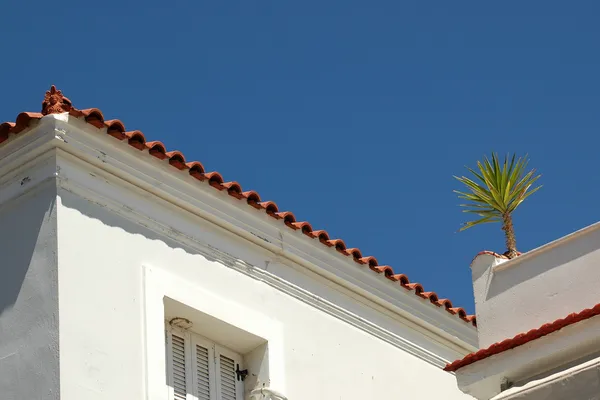 Decorations on rooftops with a small palm tree in Greece. — Stock Photo, Image
