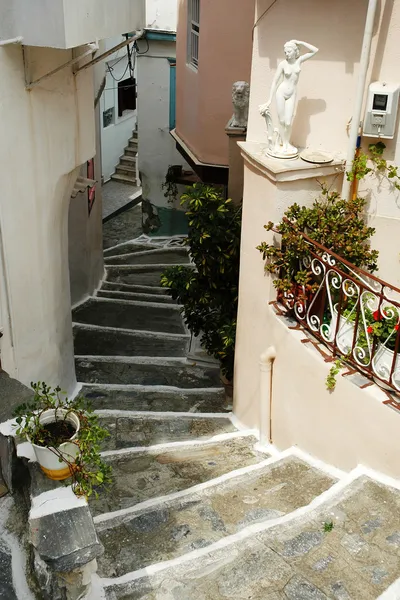Stairs and entrances in the Greek narrow lane — Stock Photo, Image