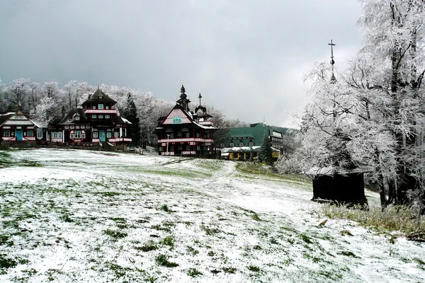 Spring snow in the holiday resort Pustevny — Stock Photo, Image