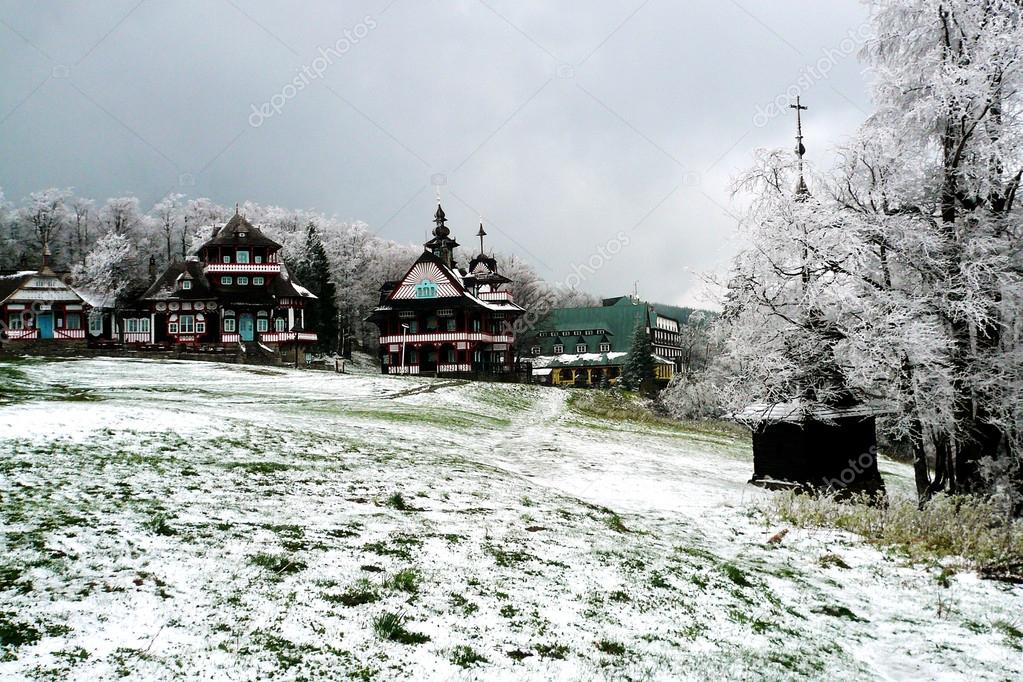Spring snow in the holiday resort Pustevny