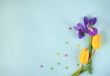 Paskalya yumurtaları, laleler ve şekerler çerçevede. Bahar tatili geçmişi.