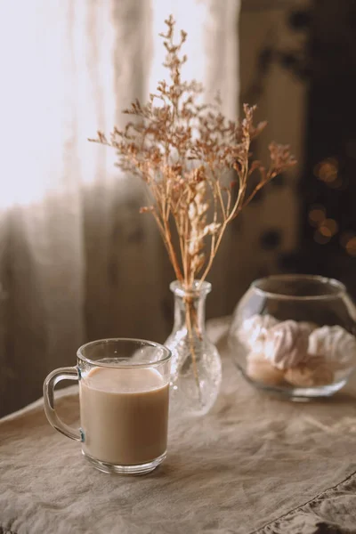 Table Cup Tea Coffe Beige Colors Winter Morning — Stock Photo, Image