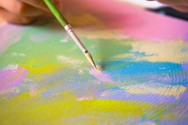 Set of pastel acrilic paint jars in white canvas. Creativity concept. Art supply.