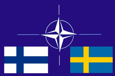 NATO emblem along with the flag of Finland and Sweden. Finland and Sweden are members of NATO