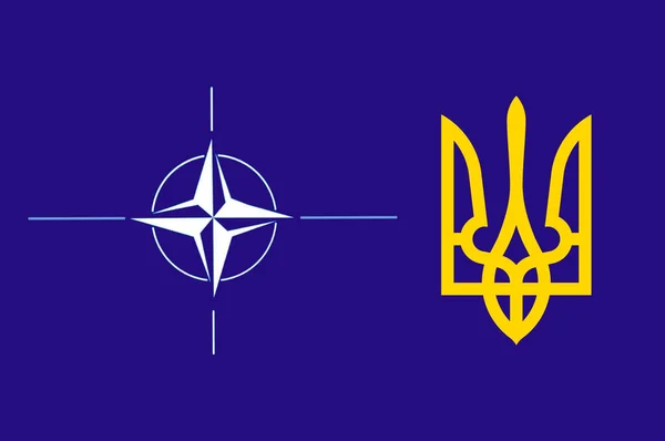 Emblema Della Nato Insieme Allo Stemma Dell Ucraina Sfondo Blu — Foto Stock