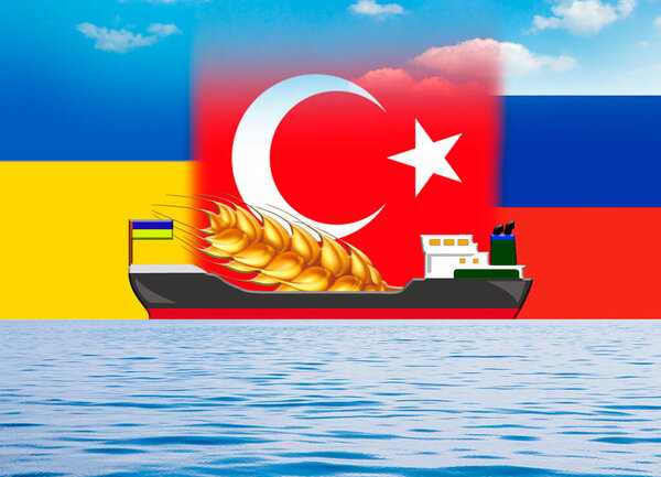 a barge carrying an ear of wheat. flags of turkey, russia and ukraine. Negotiations between countries for the export of Ukrainian grain are held in Istanbul. 3D