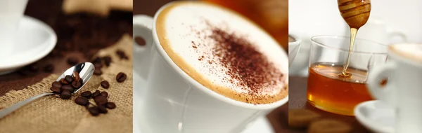 Kahvaltı fincan cappuccino kahve çekirdekleri ve ballı — Stok fotoğraf