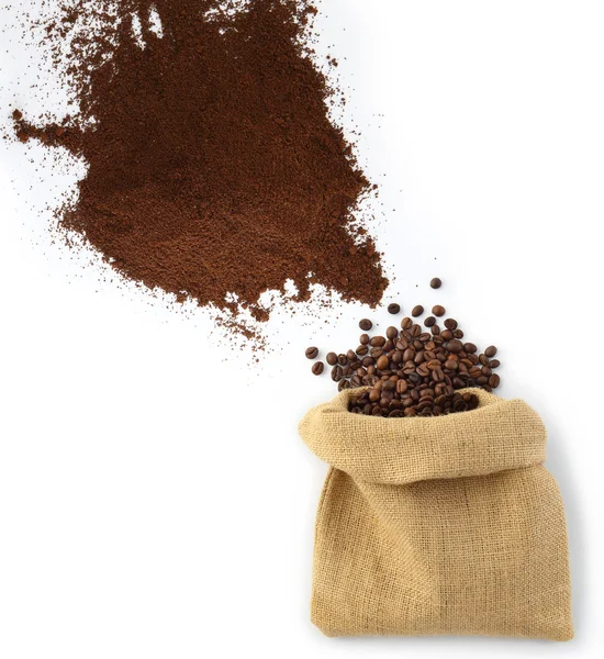 Beans and coffee powder with bag — Stock Photo, Image