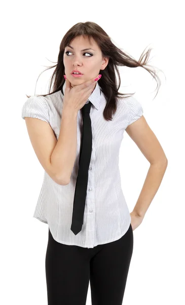 Menina pensativa bonita com camisa e gravata — Fotografia de Stock