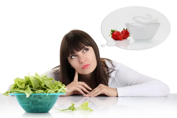 Diet, young woman choosing between fruits and sweets. weight los — Stock Photo, Image