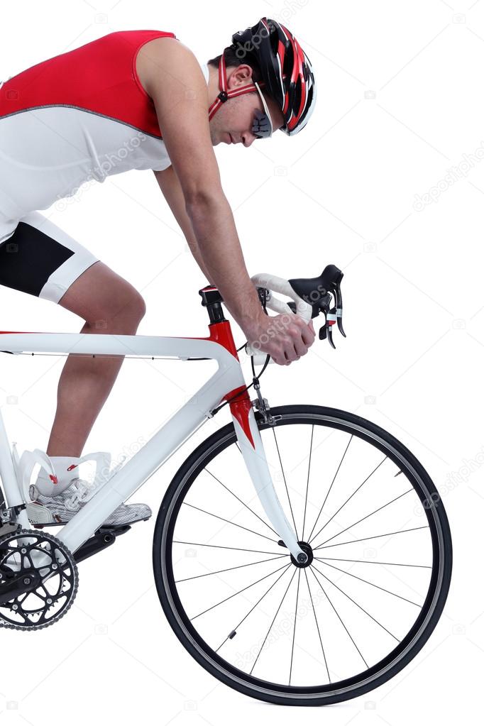 Cyclist with bike on white background