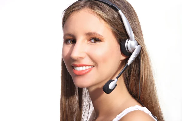 Operador de telefonía de oficina, hermosa mujer con auriculares —  Fotos de Stock