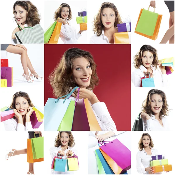 Mulher feliz compras colagem — Fotografia de Stock