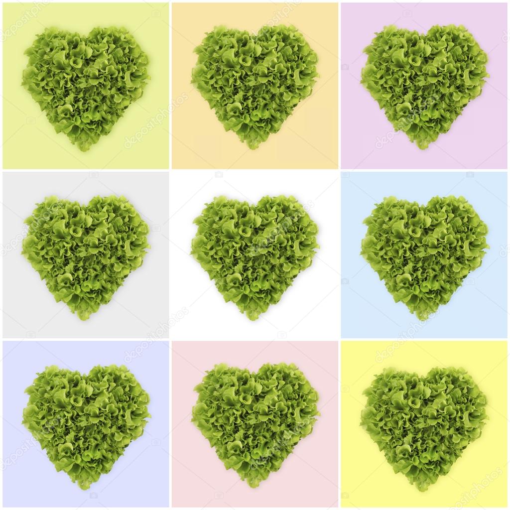 Lettuce in the shape of heart on colored tablecloth