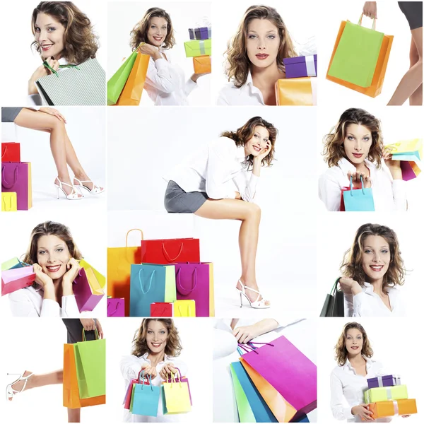 Mutlu kadın alışveriş kolaj — Stok fotoğraf