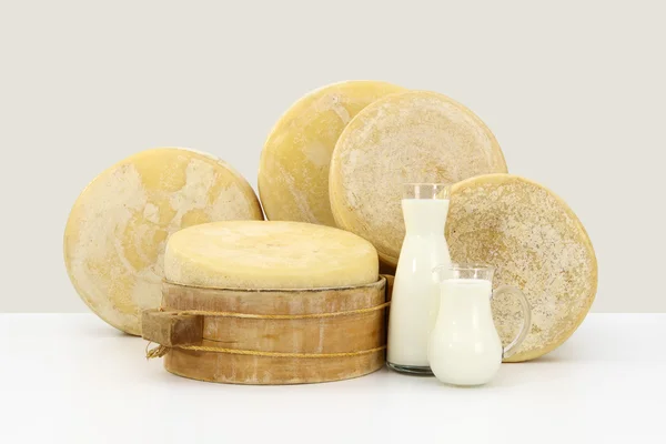 Various hard parmesan cheese on the white table with a jug of mi — Stock Photo, Image