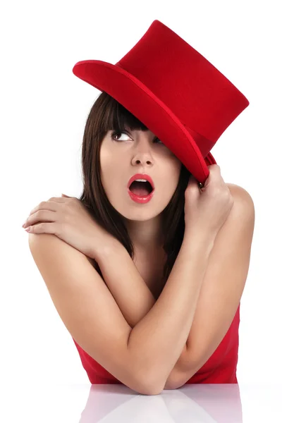 Divertente donna con cappello rosso — Foto Stock