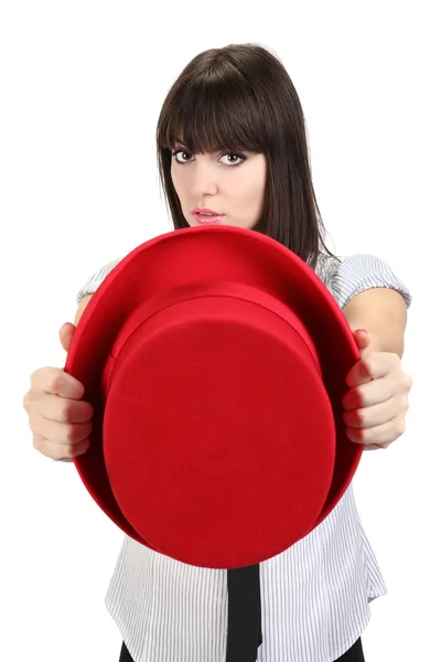 Menina agradável com chapéu superior vermelho — Fotografia de Stock