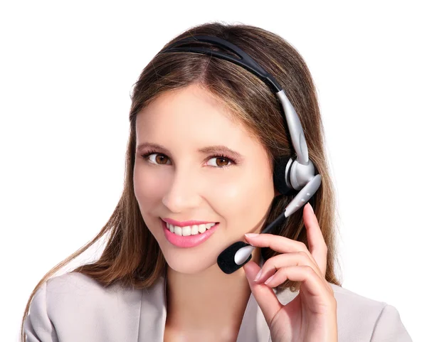 Atendimento ao cliente sorrindo menina com fones de ouvido e microfone — Fotografia de Stock