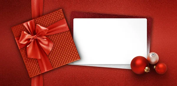 Vidám Karácsonyi Ajándék Kártya Piros Doboz Szalaggal Fehér Jegy Ezüst — Stock Fotó