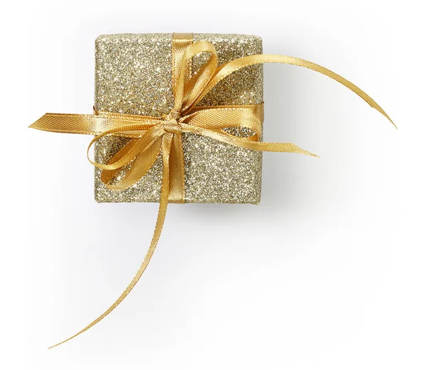 Frohe Weihnachten Geschenk Goldene Schachtel Mit Schleife Isoliert Auf Weißem — Stockfoto