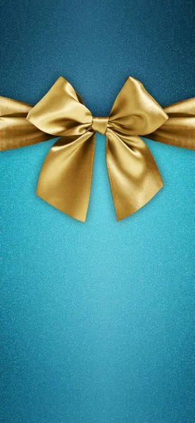 Merry Christmas Gift Card Golden Shiny Ribbon Bow Isolated Turquoise — Stock Photo, Image